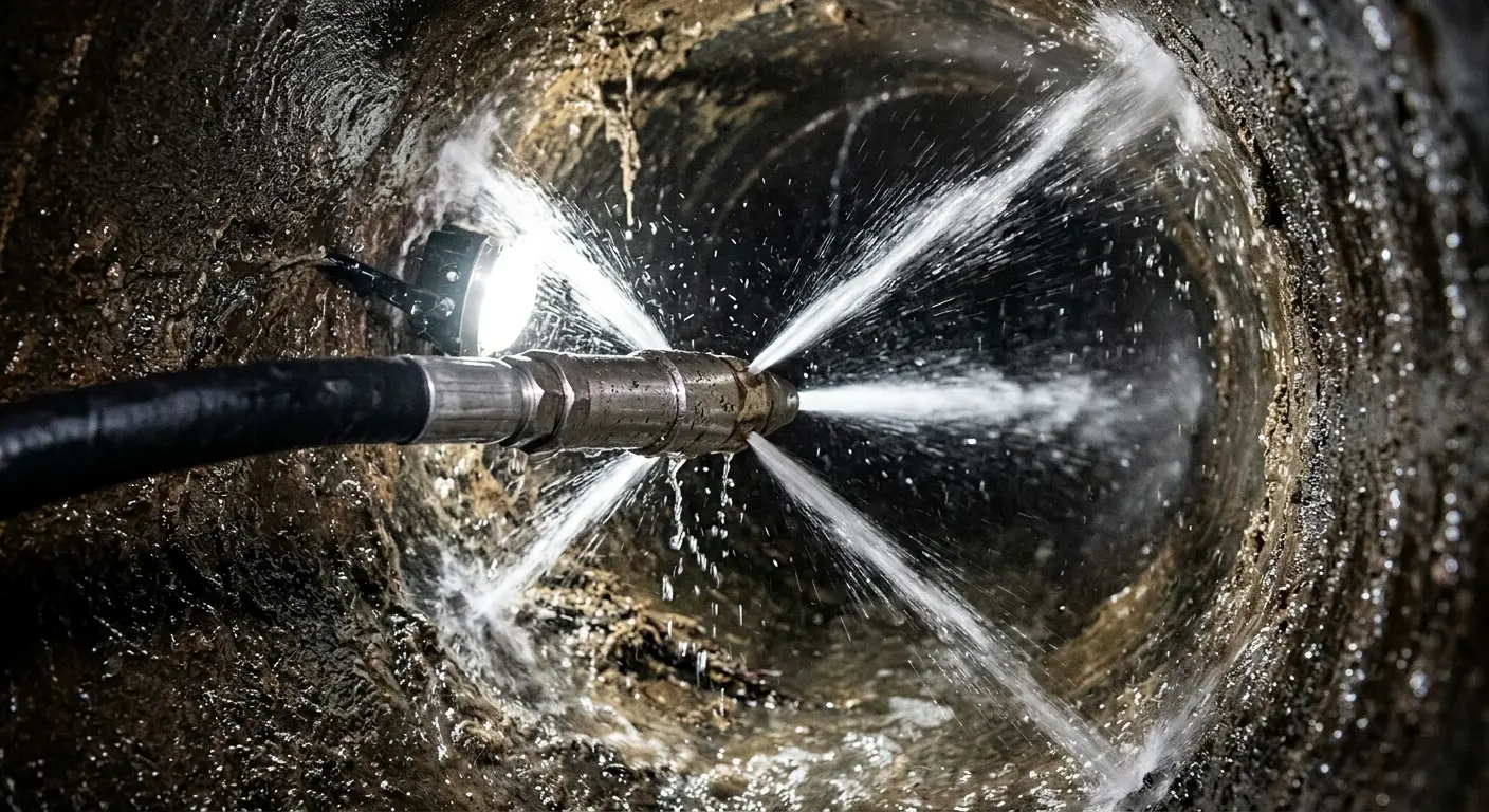 High-pressure hydro jetting nozzle cleaning sewer pipe for Emergency Drain Service in Lake Forest