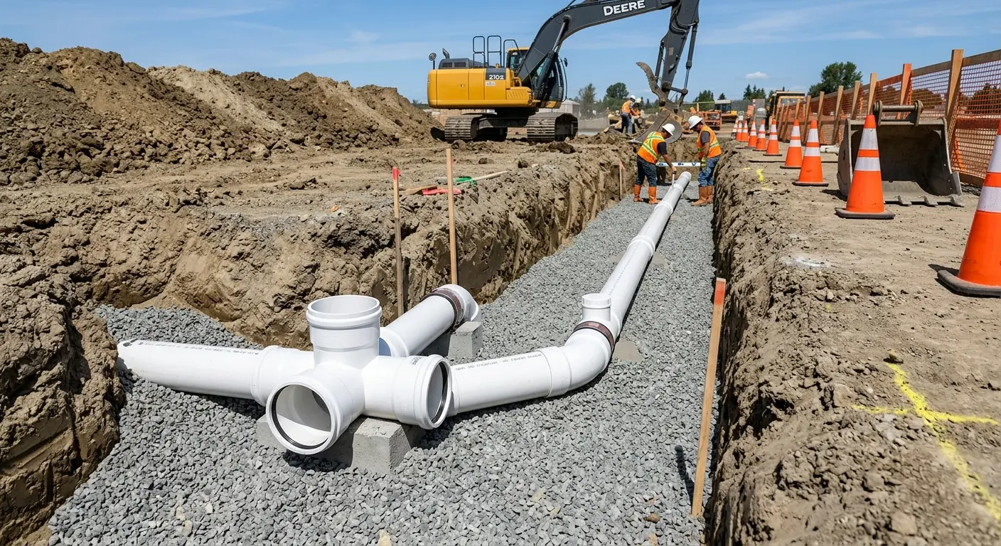 New PVC sewer pipe installation in open trench for Commercial Drain Cleaning in Lake Forest